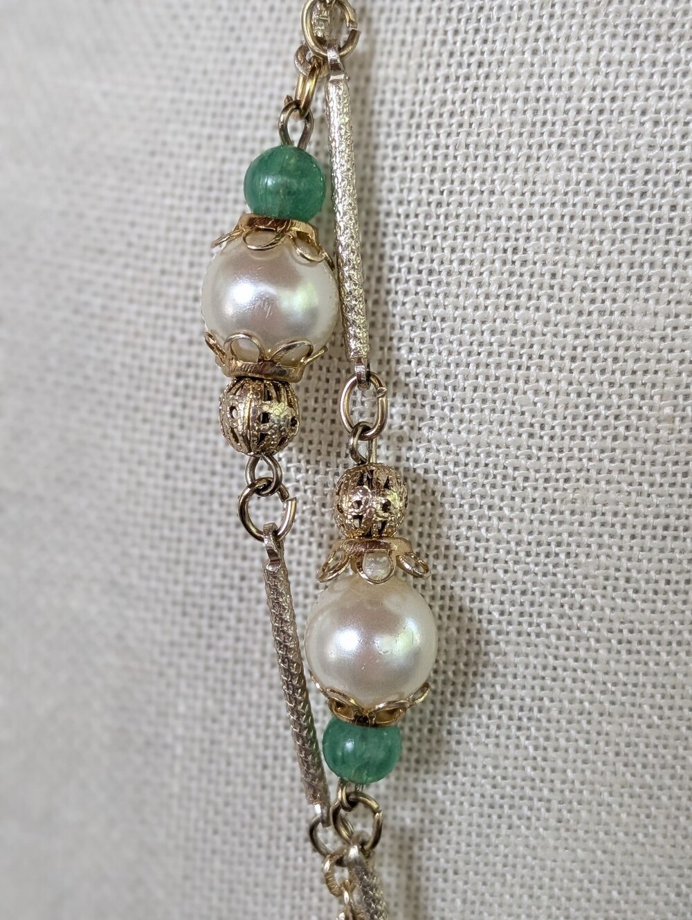 Elegant 54" Gold-Tone Faux Pearl & Green Bead Long Necklace